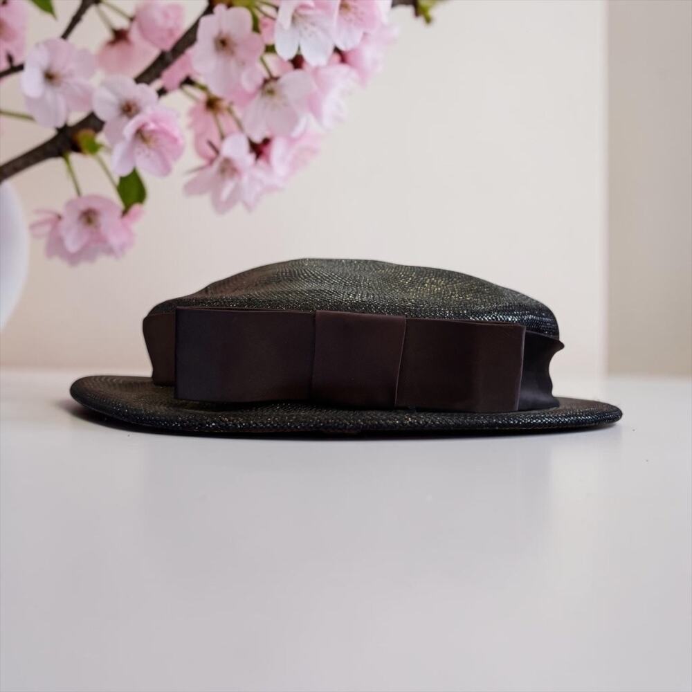 Betmar Navy Shimmer Straw Hat Wide Ribbon Vintage Church Derby Cocktail Size 22